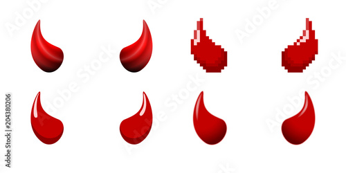 A set of devil horns drawn in various styles, satan horns illustrations isolated on white, red horns vector design element, symbol, logo, or decoration