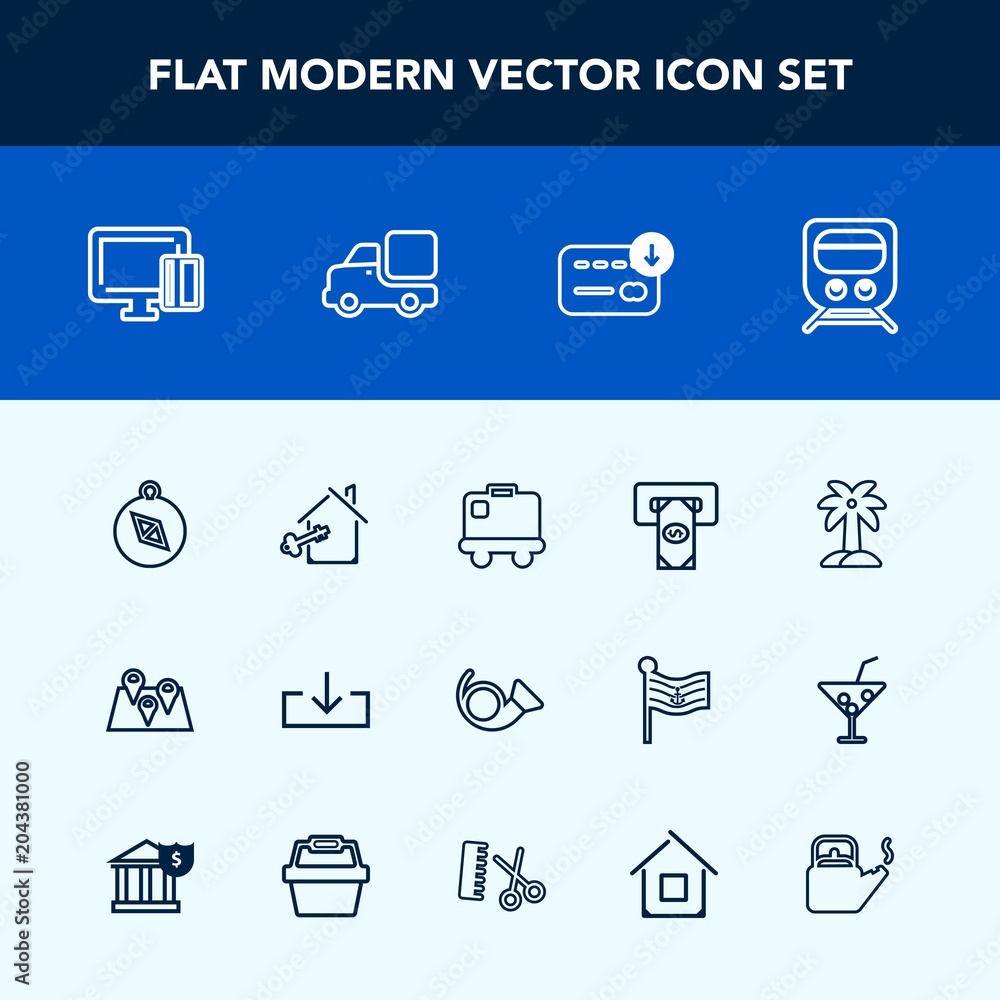 Modern, simple vector icon set with travel, money, sign, map, key, road, bugle, direction, nature, payment, house, east, musical, download, machine, compass, cash, north, card, summer, baggage icons