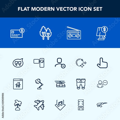 Modern, simple vector icon set with property, sky, click, sound, landscape, pointer, speech, music, message, transportation, light, video, nature, rail, night, delete, electricity, account, blue icons