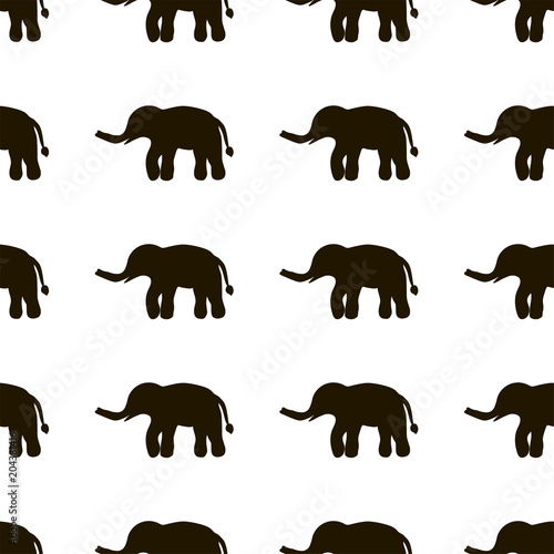 Seamless pattern with black elephants on the white background.