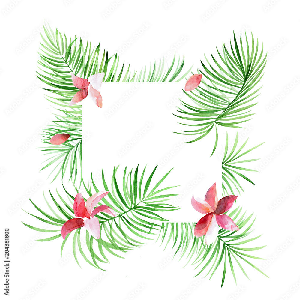 Tropical green border with palm leaves and flowers. Exotic tree foliage made in watercolor style with place for your text. Jungle design template for banner or poster.