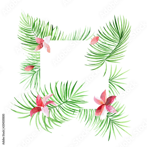 Tropical green border with palm leaves and flowers. Exotic tree foliage made in watercolor style with place for your text. Jungle design template for banner or poster.