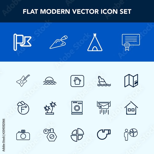 Modern, simple vector icon set with machine, bottle, diploma, template, white, adventure, world, palm, music, liquid, sun, water, fahrenheit, america, housework, laundry, tree, building, home icons