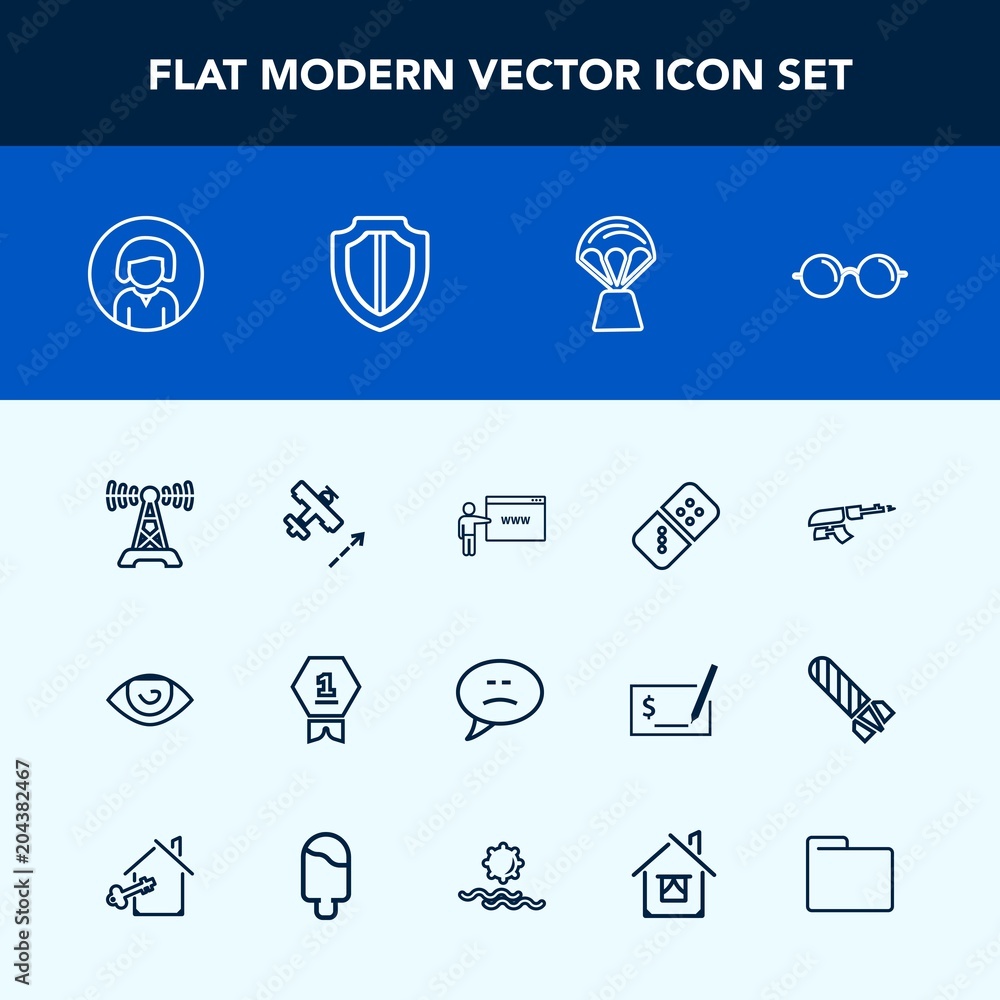 Modern, simple vector icon set with machine, army, award, station, communication, flight, face, balloon, row, chat, girl, winner, bubble, eyesight, go, first, optical, weapon, gun, glasses, play icons