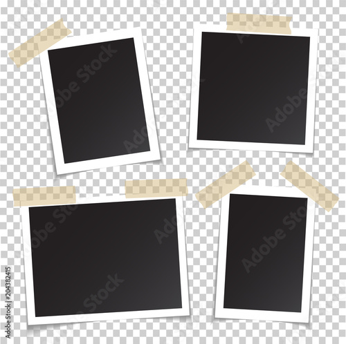 Frames of photo with shadow pin on sticky tape. Realistic empty square black and white photo snapshot isolated on transparent background. Vector frame of picture for your design