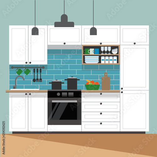 Modern kitchen interior - vector illustration in flat style