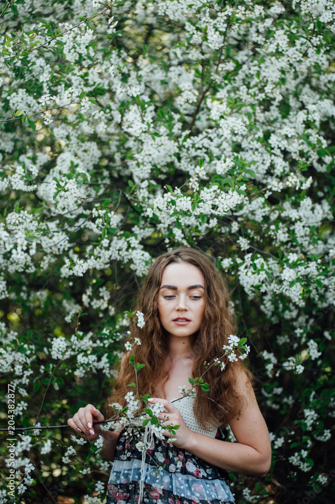 A beautiful girl in a dress stands next to a blooming cherry bush. A beautiful girl in a dress stands next to a blooming cherry bush.