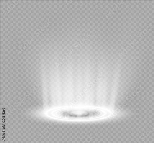 Magic portal of fantasy. Futuristic teleport. Light effect. Light rays of the night scene and sparks on a transparent background. Empty light effect of the podium. Disco club of the dance floor.