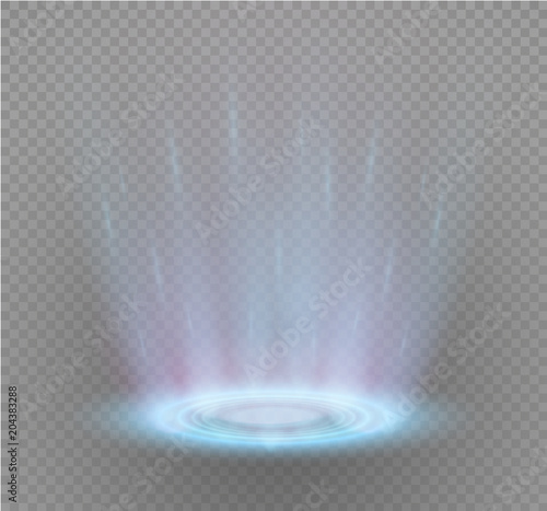 Magic portal of fantasy. Futuristic teleport. Light effect. Light rays of the night scene and sparks on a transparent background. Empty light effect of the podium. Disco club of the dance floor.