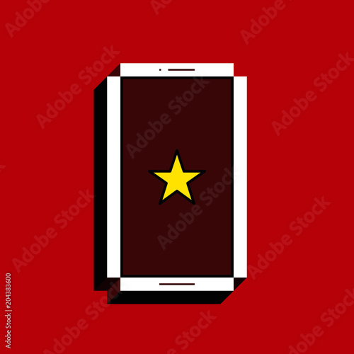 3d vector illustration of smartphone. Isometric flat design. Mobile phone screen with yellow star icon on red background. Concept of new favourites or bookmark.