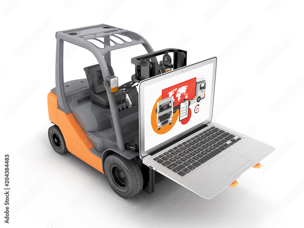 Concept logistics of loading and delivery The forklift lifts the laptop isolated on white background 3d Concept logistics of loading and delivery The forklift lifts the laptop isolated on white background 3d