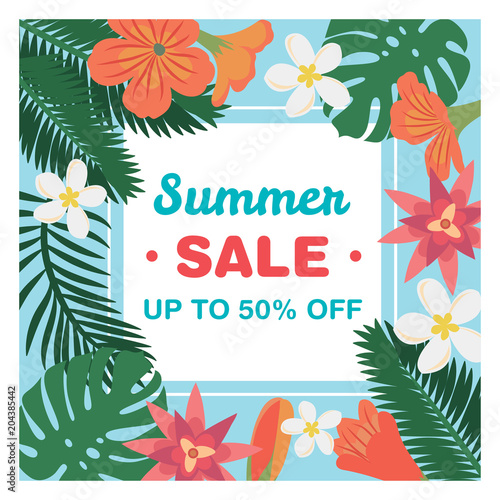Summer sale - special offer banner template with tropical flowers and leaves, vector illustration