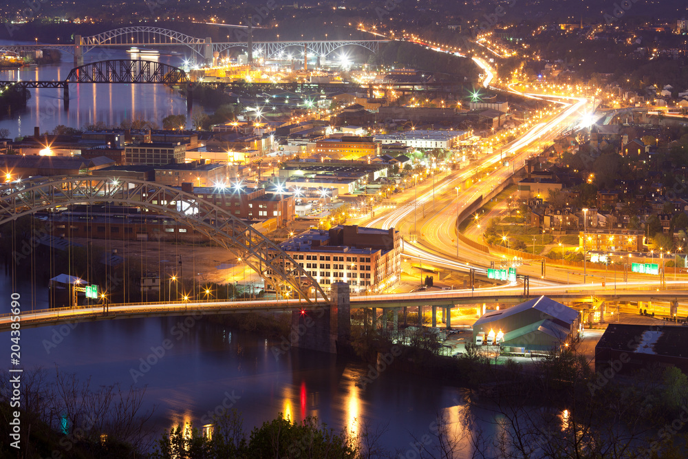 Warehouses on Chateau neighborhood and bridges over the Ohio River, Pittsburgh, Pennsylvania, USA