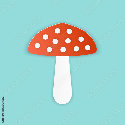 Vector illustration, amanita muscaria mushroom red with white dots in papercut style with transparent shadows isolated on blue background