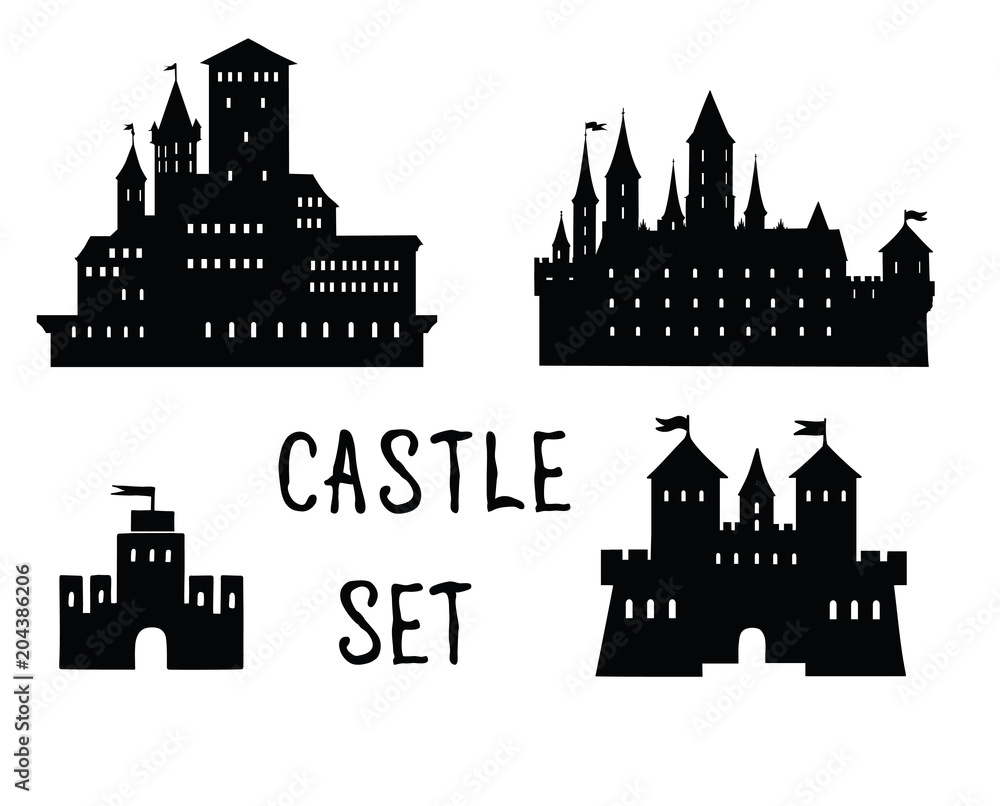 Castle set. Ancient castle building silhouette collection.
