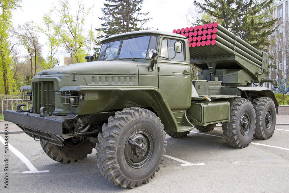Russian military equipment close-up. In the city. Peaceful time. Multiplash system Grad Russian military equipment close-up. In the city. Peaceful time. Multiplash system Grad
