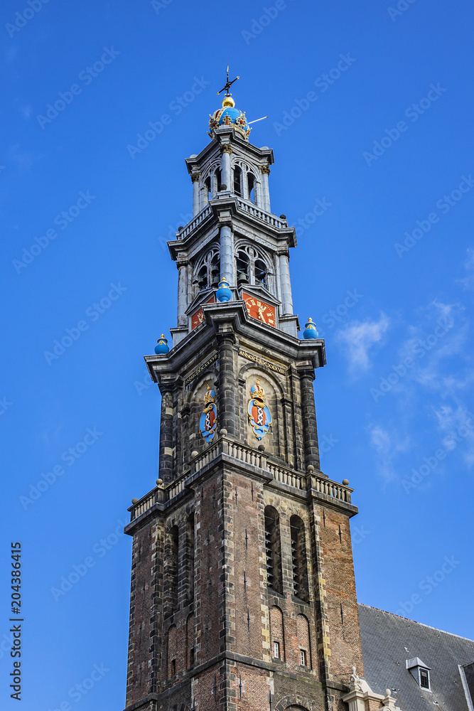 View of Western Church (Westerkerk, 1620 - 1631) - a Dutch Protestant church in Amsterdam. It lies in the most western part of the Grachtengordel neighborhood. Amsterdam, Netherlands.