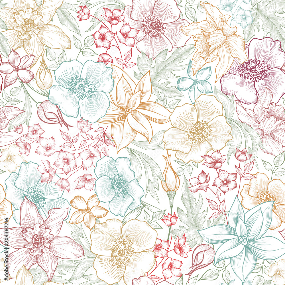 Fototapeta Floral tile pattern. Flower background. Garden texture