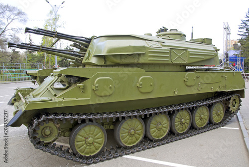 Russian military equipment close-up. In the city. Peaceful time. Anti-aircraft system