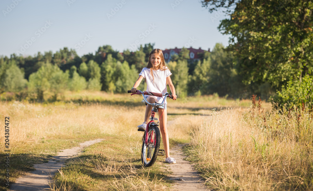 Toned image of beautiful smiling teenage girl posing on bicycle in field