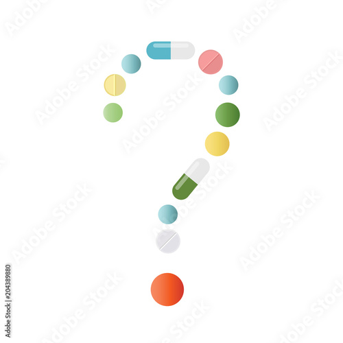 Question mark made of colored pills and capsules on white background. What medicines to choose better, what will help. Health problem concept. Vector isolated.
