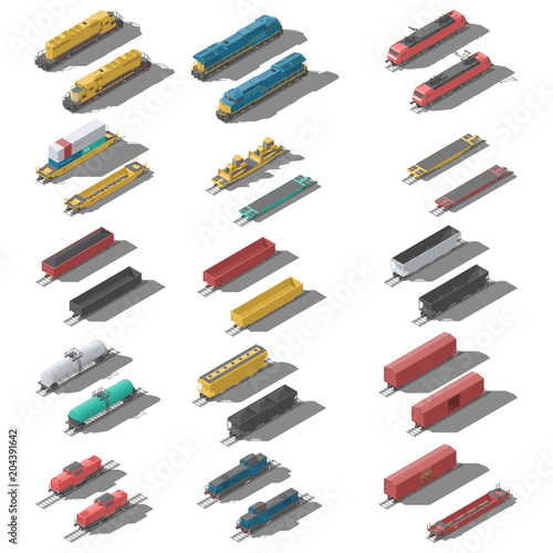 Freight railroad cars and locomotives isometric low poly icon set