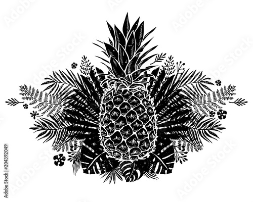 Image of black and white pineapple fruit lettering exotic on background. Vector illustration, design element for congratulation cards, t-shirt, print, banners and others