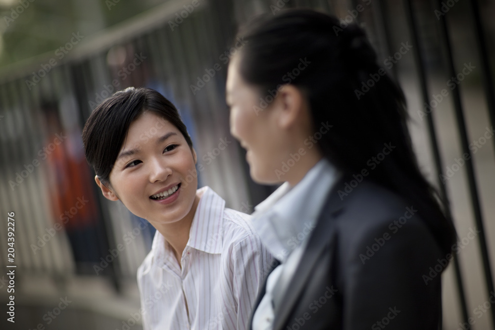 Smiling young businesswoman speaking with a colleague. Smiling young businesswoman speaking with a colleague.
