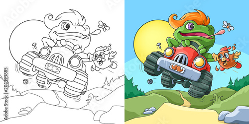 Frog Racer. A coloring Book Page with colored example