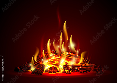 Smoldering fire at night