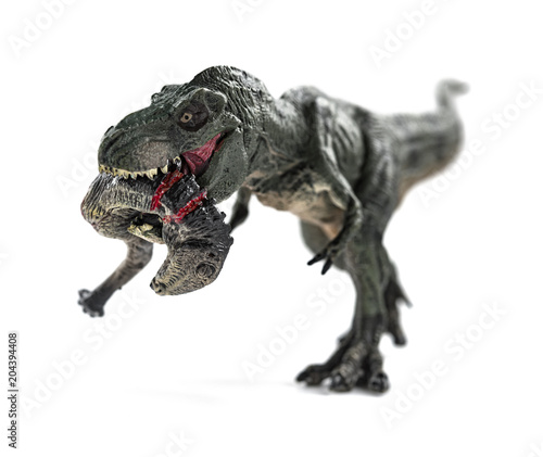 tyrannosaurus biting a dinosaur body with blood on white