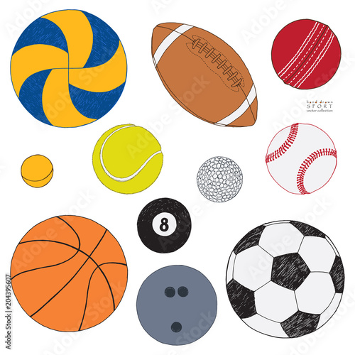 Vector set of sport balls. Hand drawn colored sketch. Isolated on white background