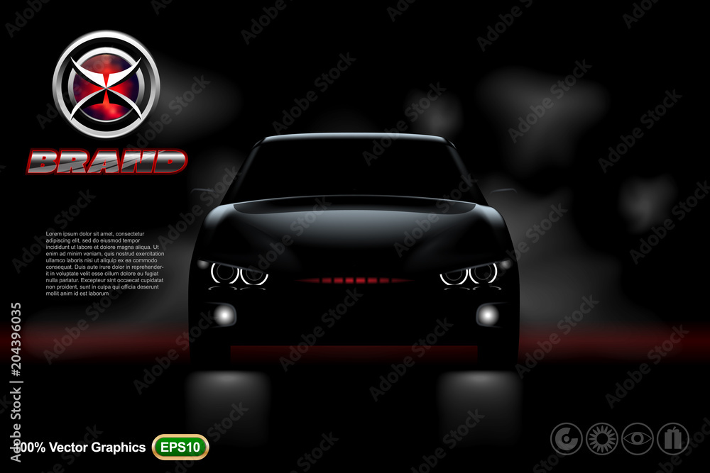 Black car on black background with logo and description. Mock up is