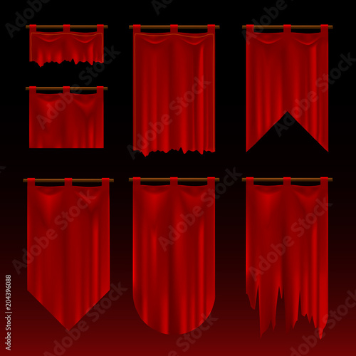 Set of medieval red and torn foldet banners. Realistic game style.
