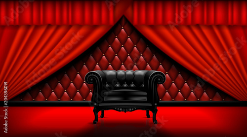 Vintage leather chair on a background of red curtains.  Mock up is ready to be converted to your business needs.  Realistic image