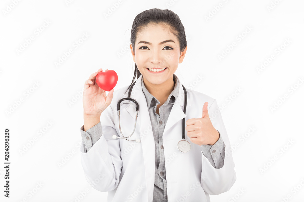 Attractive Happy Asian doctor woman with stethoscope smile and showing red heart for good health,Isolated on white background,Healthcare Concept Attractive Happy Asian doctor woman with stethoscope smile and showing red heart for good health,Isolated on white background,Healthcare Concept