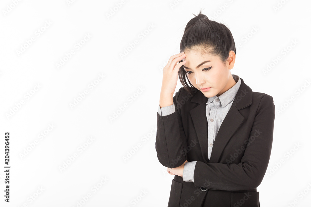Beautiful Attractive Asian business woman in suit stress and thinking,Isolated on white background,Business Concept Beautiful Attractive Asian business woman in suit stress and thinking,Isolated on white background,Business Concept