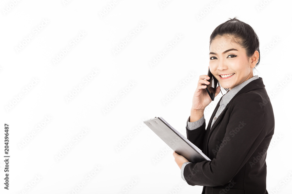 Beautiful Attractive Asian Business woman in black suit smile and talking with customer in smartphone feeling so happiness and cheerful,Isolated on white background,Business Concept Beautiful Attractive Asian Business woman in black suit smile and talking with customer in smartphone feeling so happiness and cheerful,Isolated on white background,Business Concept