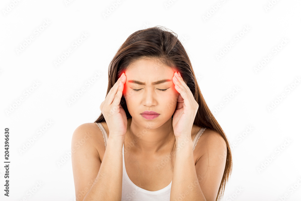 Asian young Woman have a Migraine,Isolated on white background,Healthcare Office Syndrome Concept Asian young Woman have a Migraine,Isolated on white background,Healthcare Office Syndrome Concept