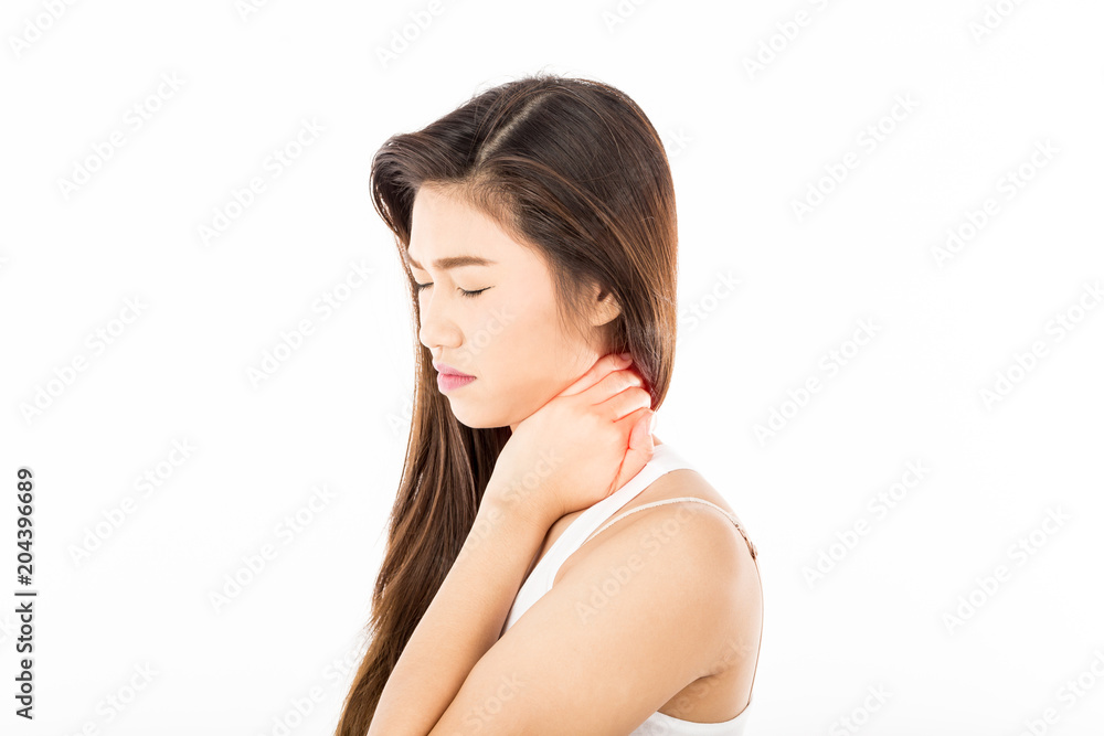 Asian Woman have a neck pain,Isolated on white background,Healthcare Concept Asian Woman have a neck pain,Isolated on white background,Healthcare Concept
