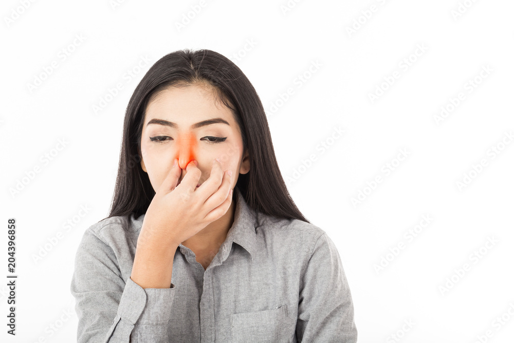 Asian young Woman have a Nasal pain,Isolated on white background,Healthcare Concept Asian young Woman have a Nasal pain,Isolated on white background,Healthcare Concept