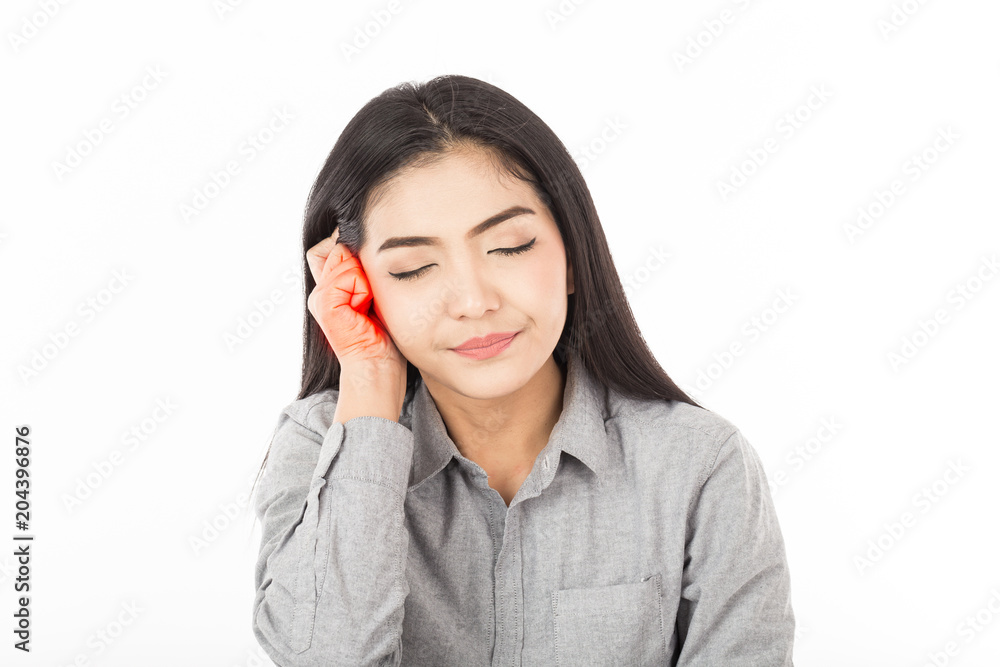 Beautiful Attractive Asian young Woman have a earache,Isolated on white background,Healthcare Concept Beautiful Attractive Asian young Woman have a earache,Isolated on white background,Healthcare Concept