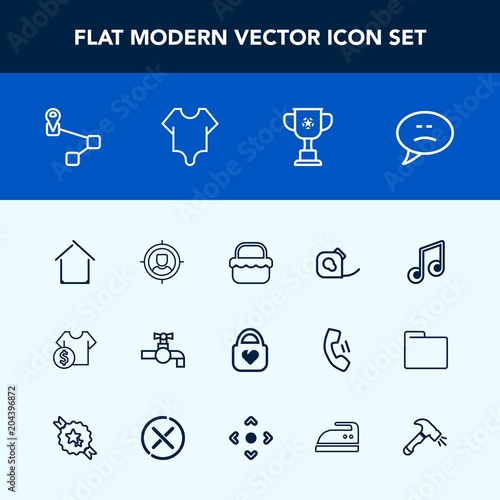 Modern, simple vector icon set with bathroom, navigation, concept, building, summer, object, leather, chat, sink, customer, food, message, sale, winner, target, architecture, speech, price, bag icons