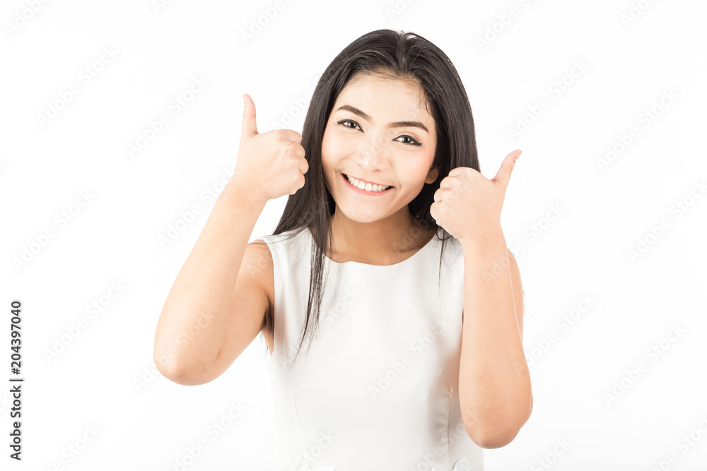 Beautiful Attractive Asian woman smile and showing thumbs up for good hand sign feeling so happiness and confident,Isolated on white background,Beauty concept Beautiful Attractive Asian woman smile and showing thumbs up for good hand sign feeling so happiness and confident,Isolated on white background,Beauty concept