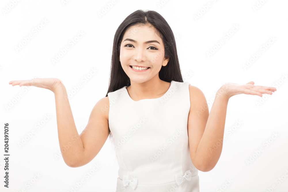 Beautiful Attractive Asian woman smile and open hand palms for display product feeling so happiness and cheerful,Isolated on white background,Beauty Concept Beautiful Attractive Asian woman smile and open hand palms for display product feeling so happiness and cheerful,Isolated on white background,Beauty Concept