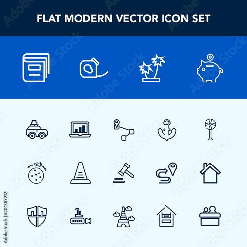 Modern, simple vector icon set with space, bag, justice, ventilator, ship, rocket, money, suitcase, fan, education, bank, up, ladder, air, investment, concept, electric, computer, summer, anchor icons