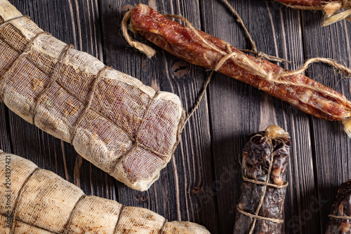 Photos dried meat on the wooden background