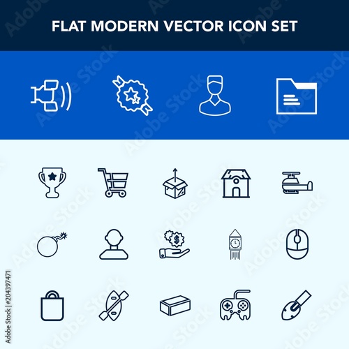 Modern, simple vector icon set with war, cell, technology, retail, mobile, house, falling, transportation, cardboard, cart, home, folder, aviation, award, trolley, winner, internet, building icons