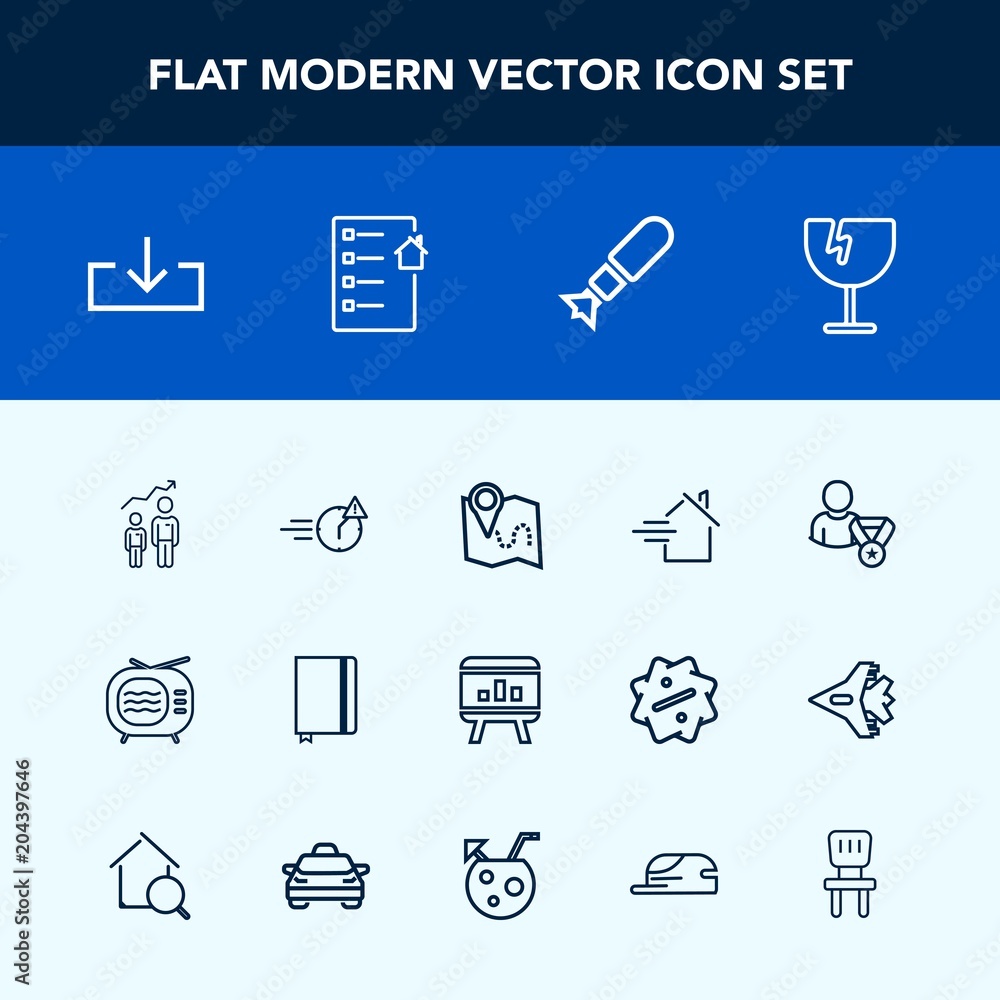 Modern, simple vector icon set with page, shattered, chart, paper, tv, profile, travel, glass, falling, sign, growth, video, technology, late, notebook, house, night, location, road, infographic icons Modern, simple vector icon set with page, shattered, chart, paper, tv, profile, travel, glass, falling, sign, growth, video, technology, late, notebook, house, night, location, road, infographic icons