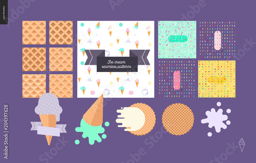 Ice cream scoops in waffle cones set - flat cartoon vector illustration of waffle cone patterns, sprinkle patterns, waffle cones and purple, mint, vanilla ice cream scoops - composition set